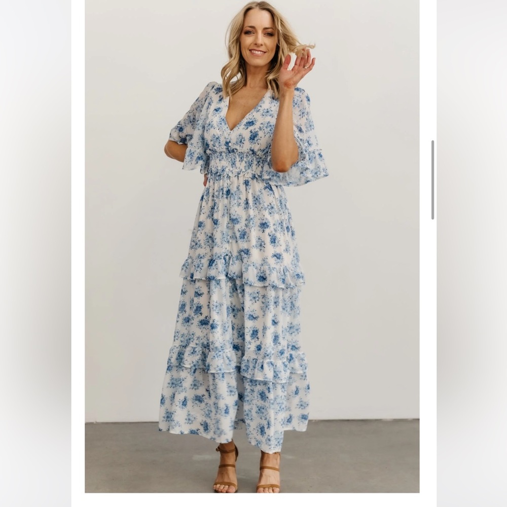 NWT Baltic Born Iris Tiered Maxi Dress | Blue + White Floral - XL